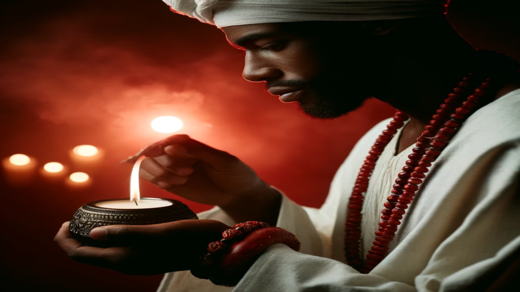Um Pai de Santo em um momento de concentração durante um ritual espiritual, acendendo uma vela com gestos precisos e reverentes, representando o ritual: como trazer a pessoa amada de volta
