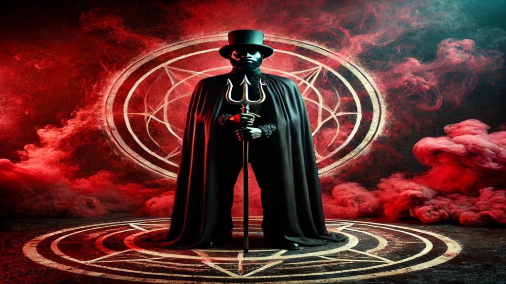 Imagem artística representando uma figura mística, com elementos detalhados e adornos ornamentados em ouro e vermelho, evocando uma atmosfera espiritual com fumaça vermelha em torno dela. Representando quem é Exu 
