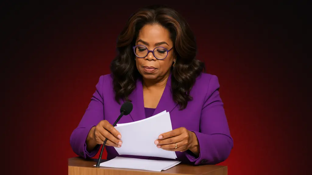 Mulher negra de óculos e blazer roxo, concentrada enquanto lê papéis em um púlpito com microfone. A imagem transmite autoridade, sabedoria e liderança, representando uma figura influente no universo midiático, simbolizando mulheres inspiradoras.