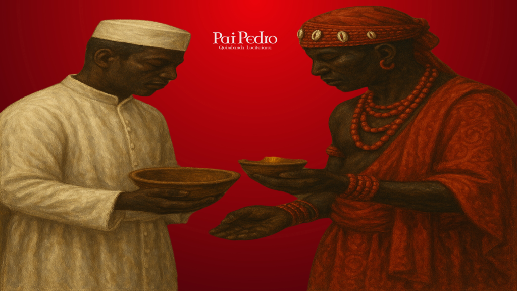 Sacerdote negro vestido de branco realiza um ritual de troca com entidade de matriz africana vestida de vermelho, representando os rituais da Quimbanda com respeito e espiritualidade profunda, em frente a um fundo vermelho intenso com o nome "Pai Pedro – Quimbanda Luciferiana" ao centro.