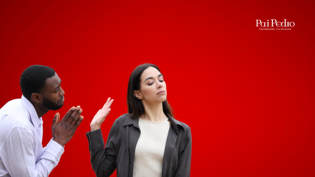 Mulher com expressão de indiferença e gesto de rejeição, enquanto um homem implora com as mãos juntas em sinal de súplica. A cena simboliza a dinâmica emocional de quem tenta lidar com um homem egoista.