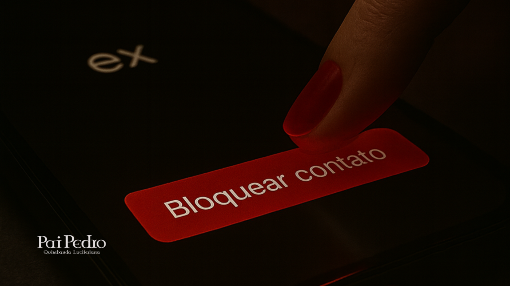 Close-up de um dedo feminino com unha pintada de vermelho pressionando o botão vermelho de “Bloquear contato” em uma tela de celular. Acima, a palavra “ex” aparece destacada, reforçando a ideia de rompimento definitivo. O cenário é escuro, com foco total no botão e na ação de bloqueio, transmitindo firmeza e decisão, uma tática de como esquecer alguém que te fez mal.