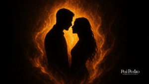 Silhueta de um casal de frente um para o outro, envolto por chamas douradas em formato de coração, representando a energia e conexão de um relacionamento saudável e equilibrado. A imagem transmite amor, harmonia e paixão espiritual, com um fundo escuro que realça o brilho intenso da luz ao redor do casal, representando o relacionamento saudável.