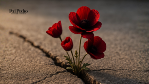 Flores vermelhas brotando de uma rachadura no concreto, simbolizando o amadurecimento emocional que nasce da dor e da superação interior.