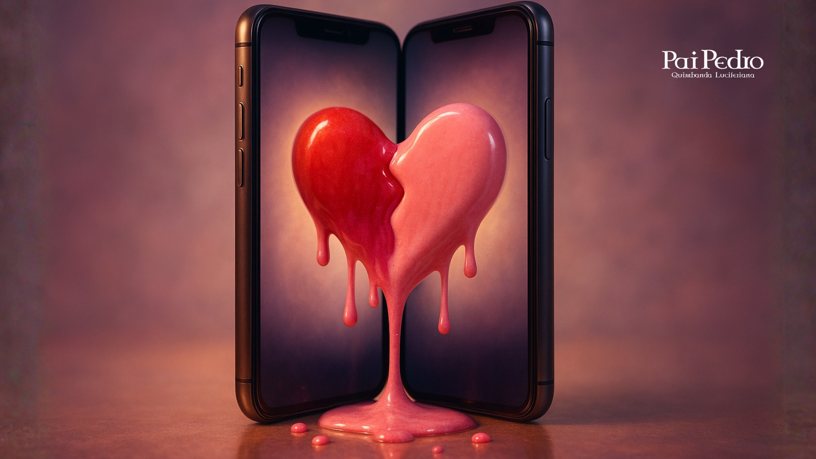 Dois smartphones posicionados frente a frente exibem metades de um coração derretido que se unem no centro, formando um único símbolo de amor líquido. A imagem representa conexões digitais e relacionamentos que nascem — e derretem — nas telas, problemas de não saber como namorar.