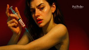 Mulher libertando-se de correntes invisíveis que a prendem ao coração de vidro — metáfora visual da libertação da dependência emocional e do amor que aprisiona.