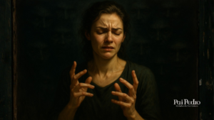 Mulher com expressão de angústia e mãos tensas, cercada por rostos sombrios ao fundo, simbolizando a energia opressora da inveja e da falsidade do cotidiano. A iluminação dramática destaca o conflito interno e a luta espiritual contra forças negativas.