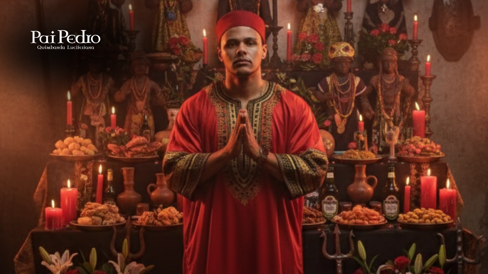 Pai Pedro, vestido em traje vermelho tradicional, está diante de um altar repleto de velas, comidas e imagens sagradas da Quimbanda. Ele mantém as mãos unidas em posição de respeito, transmitindo força espiritual e solenidade. A cena representa a atmosfera mística e ritualística de um terreiro de Quimbanda.