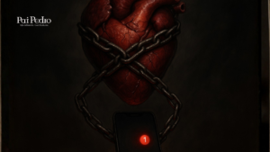 Coração preso em correntes representando Apego Ansioso, com um celular embaixo exibindo uma única notificação que mantém o coração em tensão emocional.