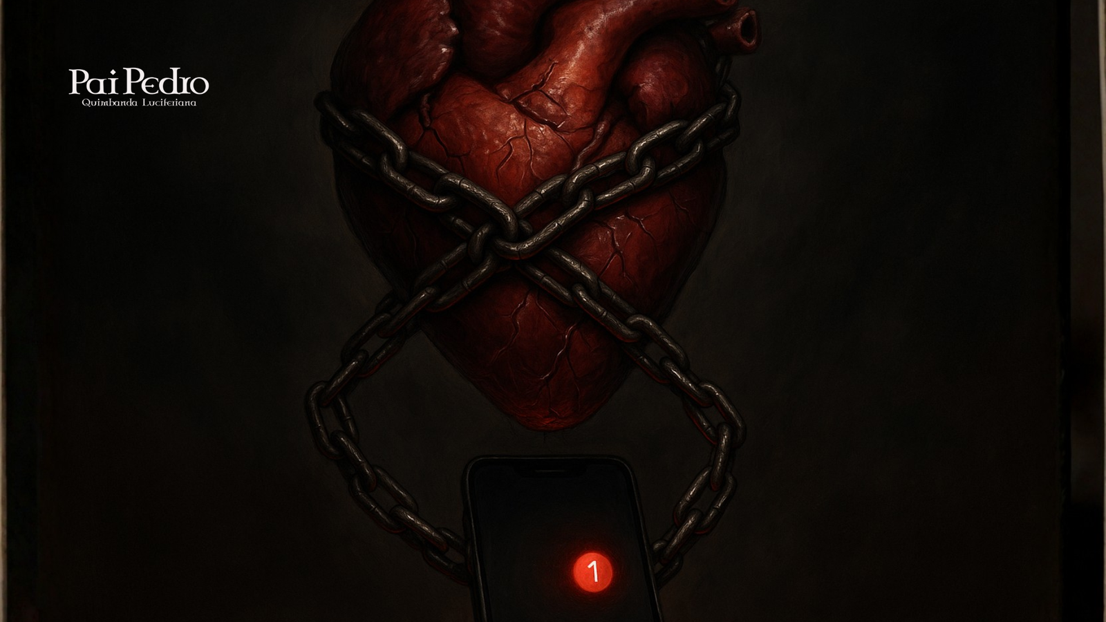 Coração preso em correntes representando Apego Ansioso, com um celular embaixo exibindo uma única notificação que mantém o coração em tensão emocional.