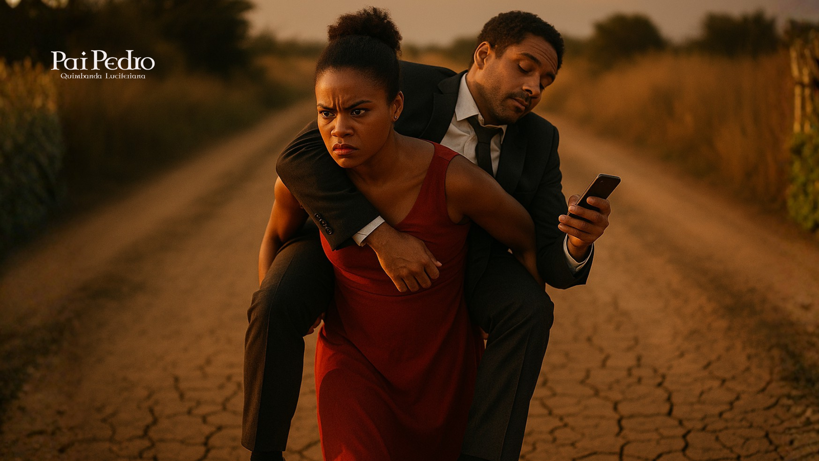 Mulher determinada carrega um homem de terno nas costas em uma estrada de terra, enquanto ele olha o celular, alheio ao esforço dela. A cena simboliza o peso emocional e o desequilíbrio de um casamento em crise, onde a mulher sustenta tudo sozinha.