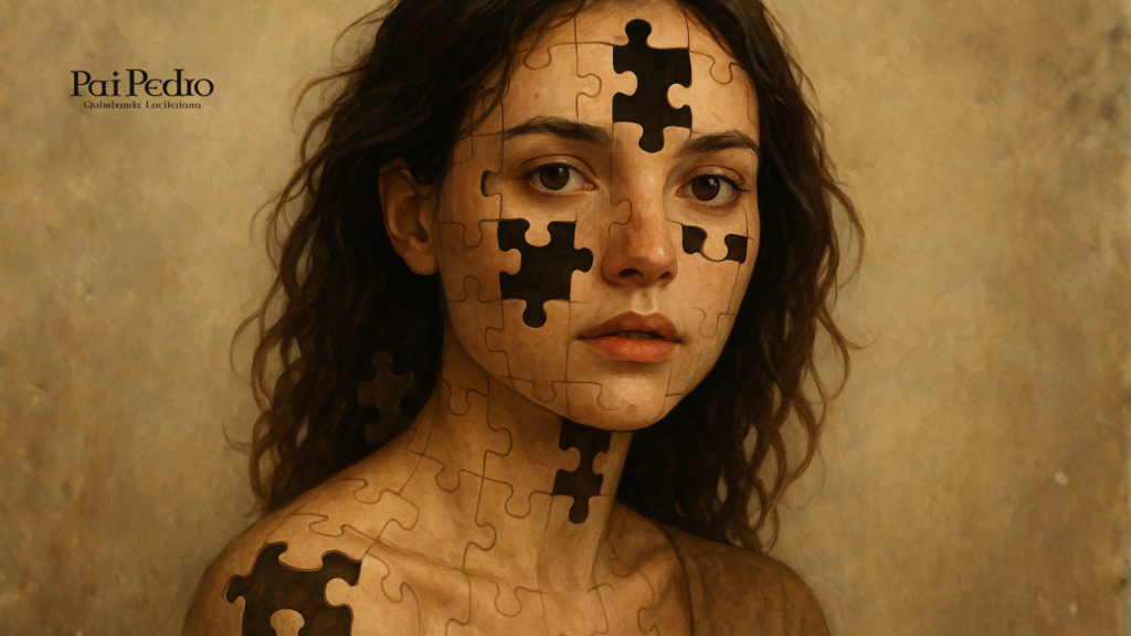 Mulher com o rosto e o corpo transformados em peças de quebra-cabeça, simbolizando como o Apego Ansioso nasce de faltas internas, lacunas emocionais e partes de si que ainda não se encaixam.