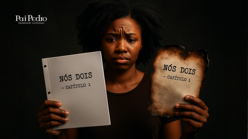 Mulher segurando dois roteiros de “Nós Dois — Capítulo 1”, um intacto e outro queimado, simbolizando a dúvida emocional sobre estar presa a um Relacionamento Cármico.