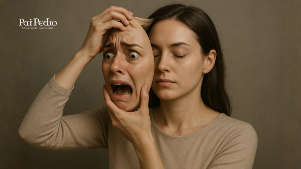 Mulher retirando uma máscara de desespero e pânico, simbolizando o processo de se livrar do Apego Ansioso e recuperar estabilidade emocional.