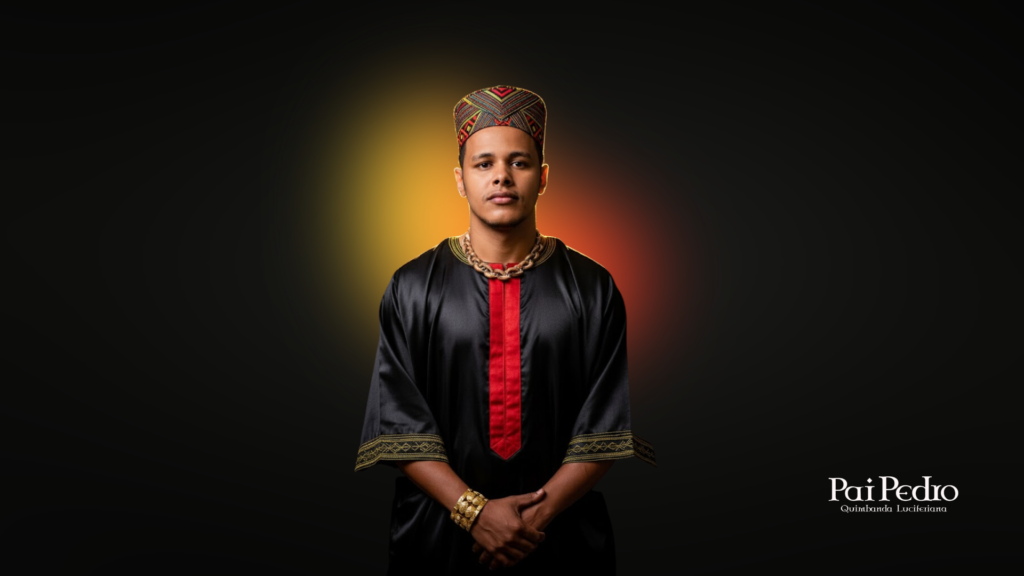 Retrato de Pai Pedro em estúdio escuro, com iluminação de fundo em tons de vermelho e dourado. Ele veste traje cerimonial preto com detalhes vermelhos e dourados, transmite serenidade e firmeza no olhar, simbolizando transparência e força espiritual.