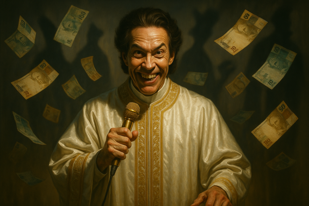 Homem vestido com túnica clara segura um microfone dourado e sorri de forma exagerada enquanto cédulas de real flutuam ao seu redor. A iluminação quente destaca o contraste entre a expressão teatral e o dinheiro em movimento, sugerindo estelionato religioso. 