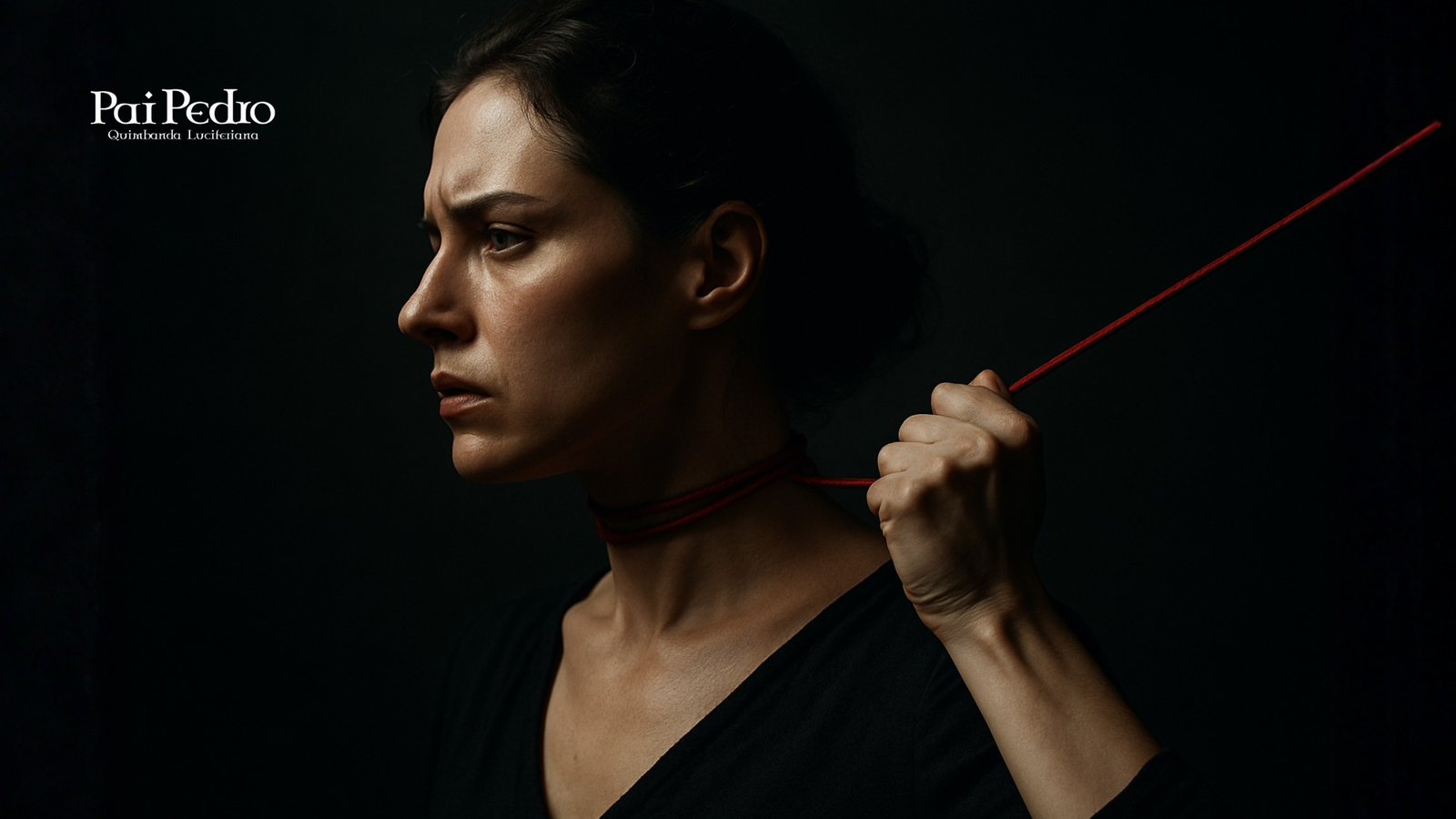 Mulher puxando um fio vermelho apertado em seu pescoço, simbolizando como um Relacionamento Cármico cria sensação de laço sufocante, mas pode ser rompido.