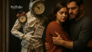 Imagem conceitual mostrando um casal abraçado enquanto uma figura feita de boletos e relógios simboliza as pressões externas que drenam a relação. A cena reforça o tema “como surpreender namorado” ao mostrar que carinho e presença emocional são diferenciais quando a vida pesa.