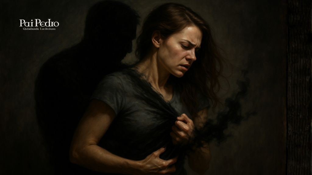 Mulher arrancando uma sombra escura do peito, simbolizando o ato de se libertar de um Relacionamento Cármico que drena sua energia emocional.