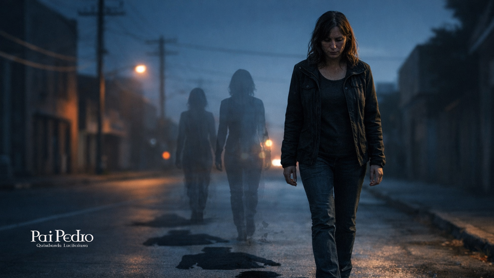 Mulher caminhando sozinha em uma rua deserta ao anoitecer, com silhuetas dela mesma ficando para trás, representando como a codependência emocional prende ao passado e torna a separação um processo doloroso, parecido com abstinência de um vício.