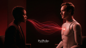 Mulher encarando um androide enquanto fluxos de energia conectam suas bocas e o coração dele, simbolizando o conceito de namorado IA que escuta, processa e responde sem conflitos emocionais.