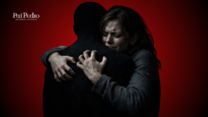 Mulher abraçando uma figura masculina escura, com expressão de dor e aperto forte, simbolizando o impacto emocional do ciúme possessivo e o medo de perder o outro.