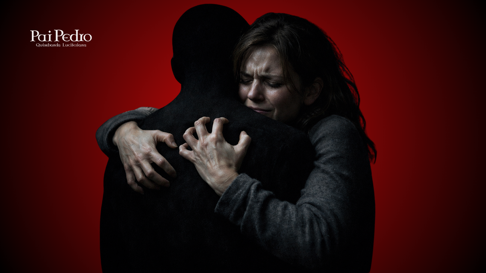 Mulher abraçando uma figura masculina escura, com expressão de dor e aperto forte, simbolizando o impacto emocional do ciúme possessivo e o medo de perder o outro.