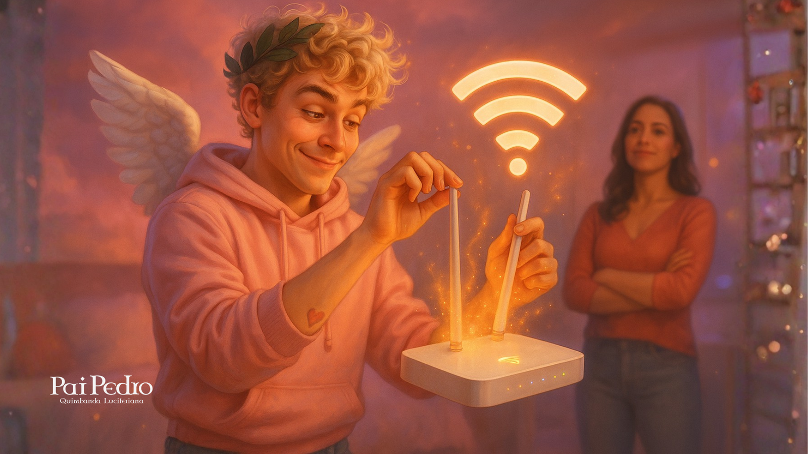 Cena ilustrada com um cupido moderno ajustando antenas de um roteador mágico enquanto uma mulher observa ao fundo. A imagem simboliza sintonia, conexão emocional e os ajustes certos para fortalecer vínculos — tema ligado a Como Conquistar um Homem.