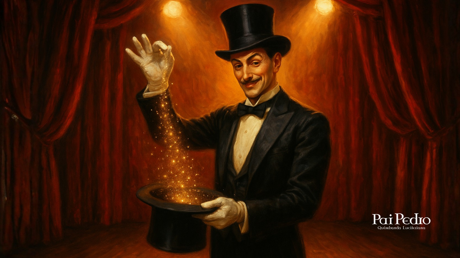 Homem estilizado como um mágico clássico, segurando uma cartola e derramando pó dourado, simbolizando manipulação sutil e encantamento — ideal para conteúdos sobre como tratar ficante sem criar ilusões ou gastar energia com quem não entrega reciprocidade.