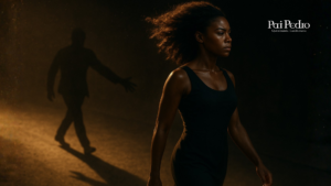 Mulher negra caminhando decidida enquanto a sombra de um homem tenta alcançá-la; cena cinematográfica que simboliza como ignorar um homem para recuperar poder emocional.