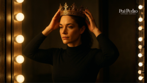 Mulher diante do espelho colocando uma coroa na própria cabeça, simbolizando autoestima e consciência de valor — imagem ideal para conteúdos sobre Valorizar as Pessoas e ensinar como exigir respeito sem parecer insistente ou inconveniente.