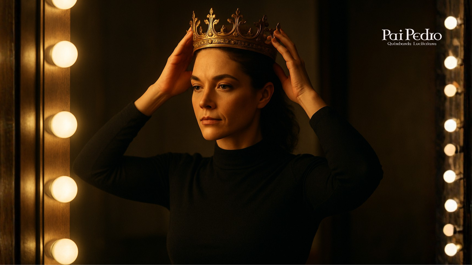 Mulher diante do espelho colocando uma coroa na própria cabeça, simbolizando autoestima e consciência de valor — imagem ideal para conteúdos sobre Valorizar as Pessoas e ensinar como exigir respeito sem parecer insistente ou inconveniente.