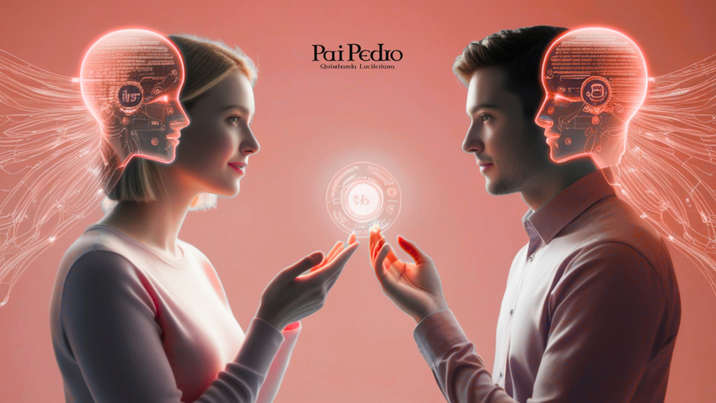 Homem e mulher frente a frente compartilhando um símbolo luminoso, com conexões mentais visíveis, representando alinhamento emocional e construção de um relacionamento harmonioso.