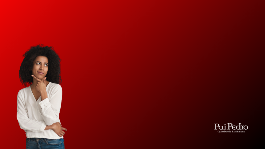 Mulher pensativa olhando para o lado sobre fundo vermelho, representando reflexão e questionamento sobre o que realmente define um relacionamento harmonioso.