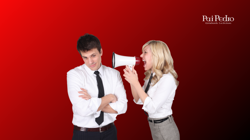 Mulher gritando em um megafone enquanto o homem cruza os braços e evita contato, simbolizando a dificuldade de ser ouvida e o desgaste emocional nos relacionamentos, tendo que recorrer ao namorado IA.