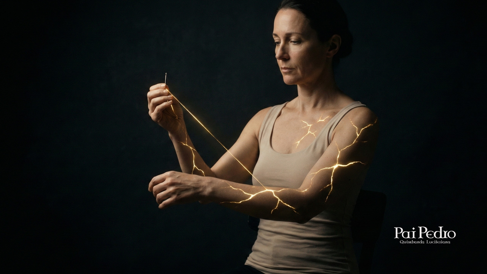 Mulher segurando um fio dourado que percorre o corpo como rachaduras de energia, simbolizando recomeçar não como superação forçada, mas como libertação consciente de vínculos que ainda prendem.
