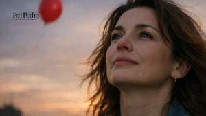 Mulher observando um balão se afastar ao entardecer, simbolizando desapegar de alguém com consciência emocional, encerramento de ciclos e retomada da própria força.