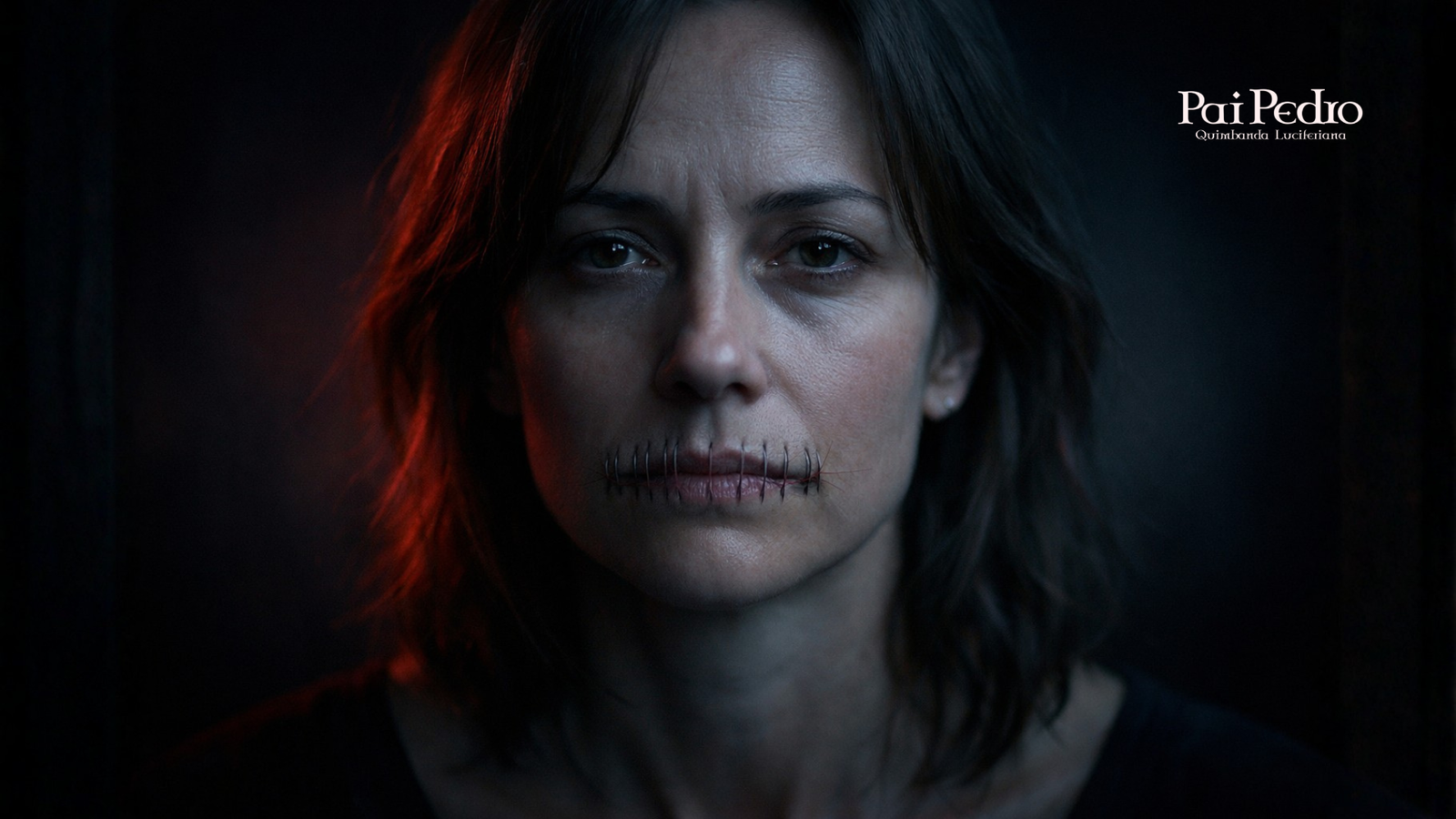 Rosto de mulher em ambiente escuro com a boca simbolicamente costurada, representando repressão emocional, silêncio imposto e emoções contidas que impedem a expressão verdadeira.