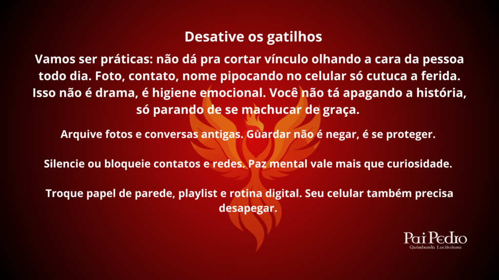 Arte com fundo vermelho escuro e texto central sobre desativar gatilhos emocionais, representando recomeçar com higiene emocional, proteção mental e corte consciente de estímulos que reabrem feridas.