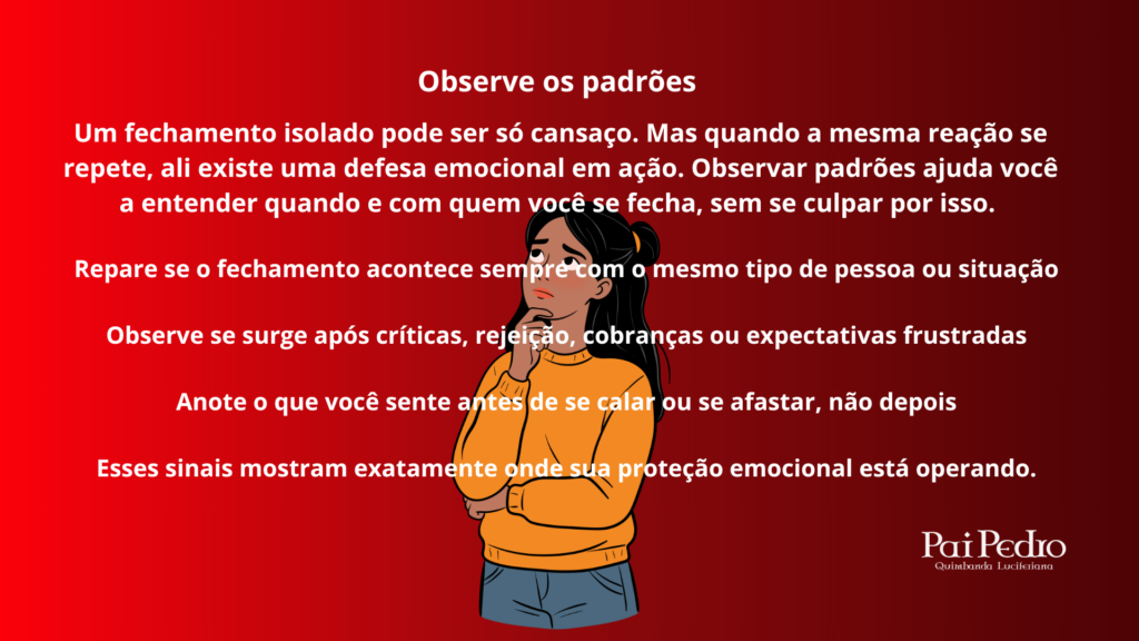 Ilustração de mulher pensativa diante de orientações sobre comportamento, simbolizando a importância de reconhecer o padrão de fechamento emocional e reações repetidas diante de críticas ou frustrações.