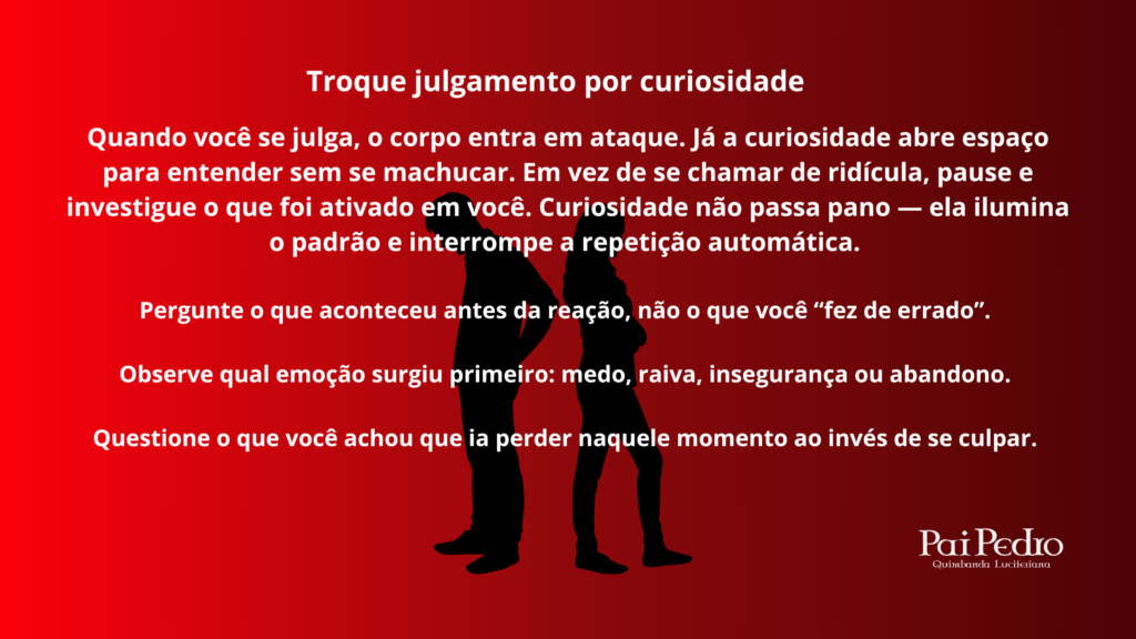Arte reflexiva sobre Autossabotagem, mostrando como trocar julgamento por curiosidade ajuda a reconhecer padrões emocionais sem culpa e interromper reações automáticas.