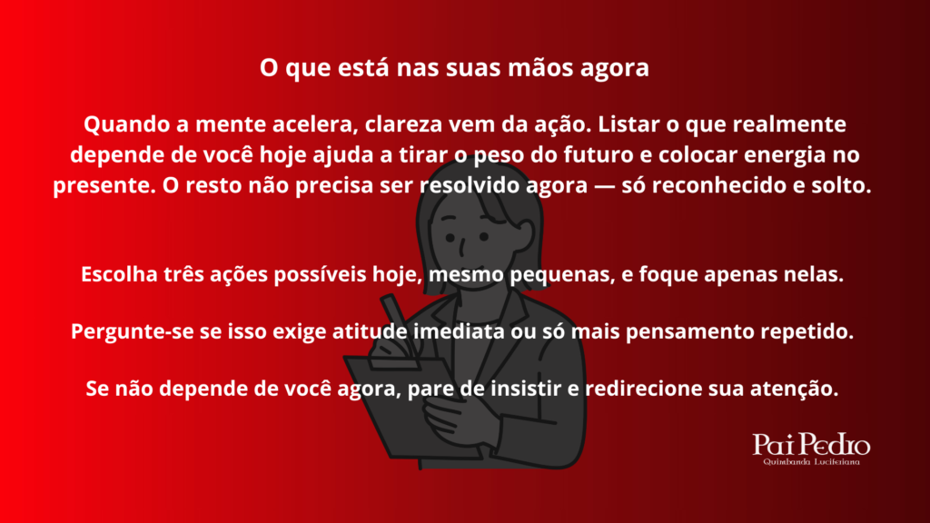 Ilustração em fundo vermelho com personagem anotando tarefas, representando a necessidade de separar o que está sob controle do que é ilusão, reduzindo ansiedade e excesso de pensamentos.