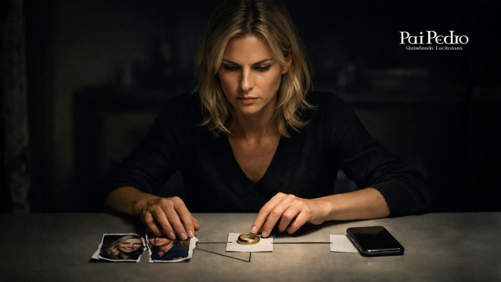Mulher analisando fotos rasgadas e uma aliança sobre a mesa, refletindo sobre como se vingar após o fim de um relacionamento.