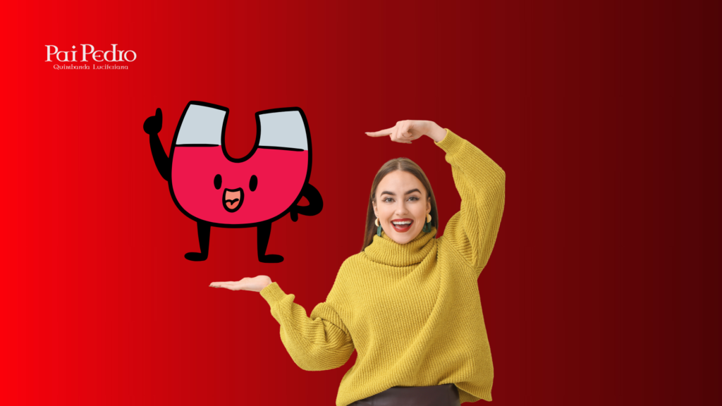 Mulher sorrindo apontando para ícone de imã, representando magnetismo pessoal e atração natural