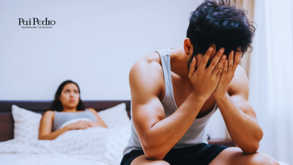 Homem sentado na cama com as mãos no rosto enquanto uma mulher aparece ao fundo irritada, representando conflito causado por homem que curte fotos de outras no relacionamento.