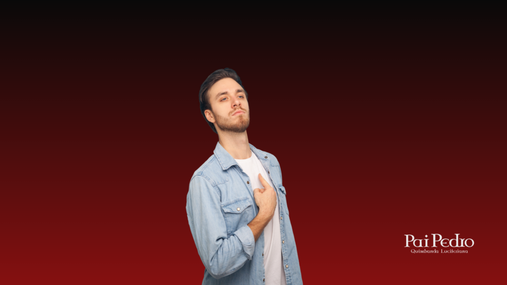 Retrato de homem orgulhoso com expressão arrogante e postura altiva, apontando para si mesmo sobre fundo vermelho intenso, simbolizando ego elevado e dificuldade de reconhecer erros.