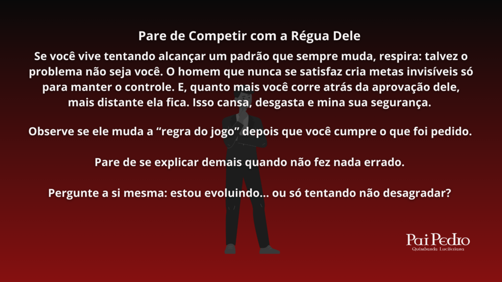 Arte com fundo vermelho e silhueta masculina ao centro, contendo mensagem sobre parar de provar valor em relacionamentos marcados por manipulação emocional e cobrança constante.