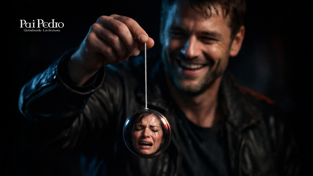 Homem segurando um ioiô com o rosto de uma mulher chorando, simbolizando um relacionamento ioiô marcado por controle emocional e sofrimento.