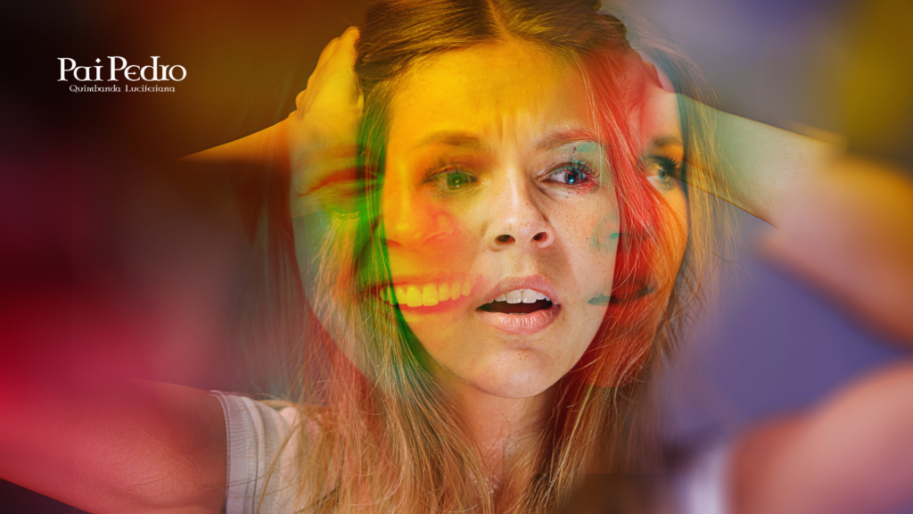 Mulher com múltiplas expressões sobrepostas segurando a cabeça, representando o transtorno borderline e sua intensa instabilidade emocional