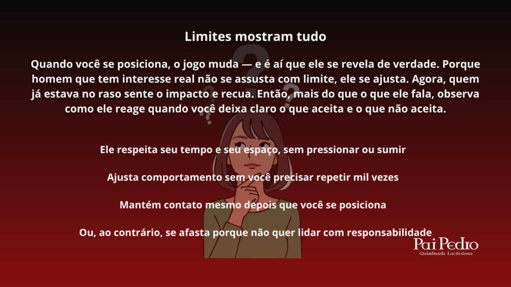Ilustração com texto sobre limites e comportamento masculino, destacando como atitudes revelam mais que palavras dentro de um relacionamento.